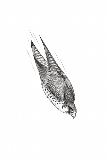 Tatuagem fine line de falcão-peregrino em voo picado