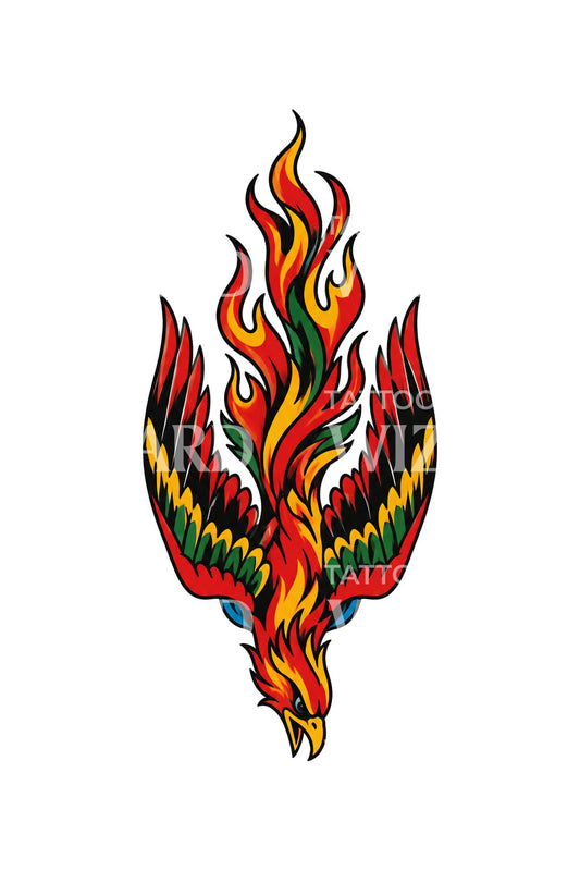 Diving Phoenix Traditional Flash Tattoo Idea