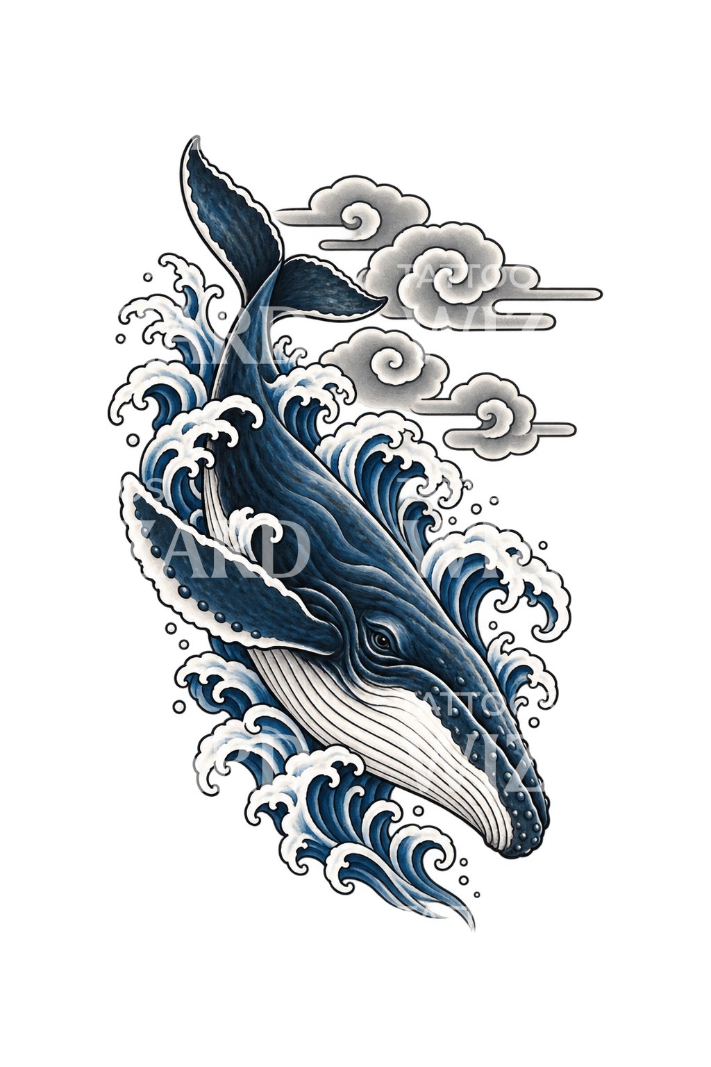 Irezumi-tattoo av dykkende hval med bølger og skyer