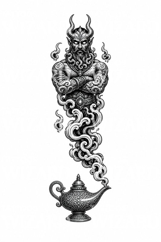 Motif de tatouage de djinn surgissant d’une lampe