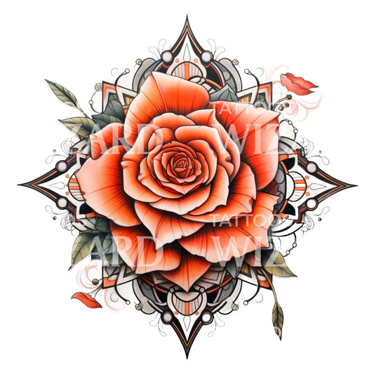A Neo Traditional Rose Mandala Tattoo Design