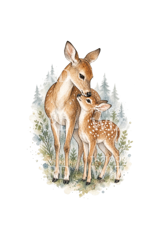 Rickes Rehkitz im nebligen Wald, Aquarell-Tattoo