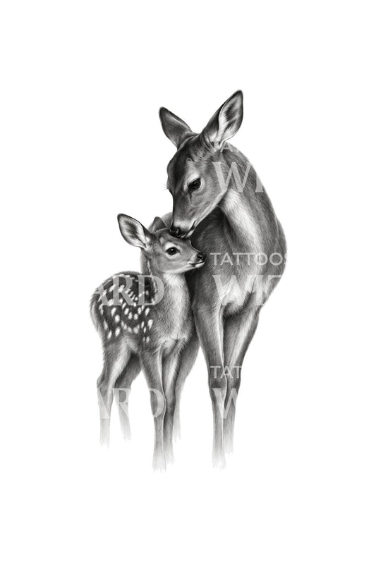 Doe Nuzzling Spotted Fawn Tattoo Illustration