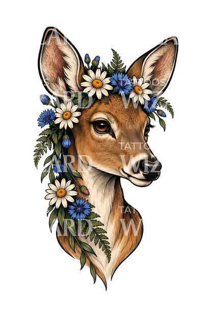 Tatouage de biche avec couronne de fleurs sauvages