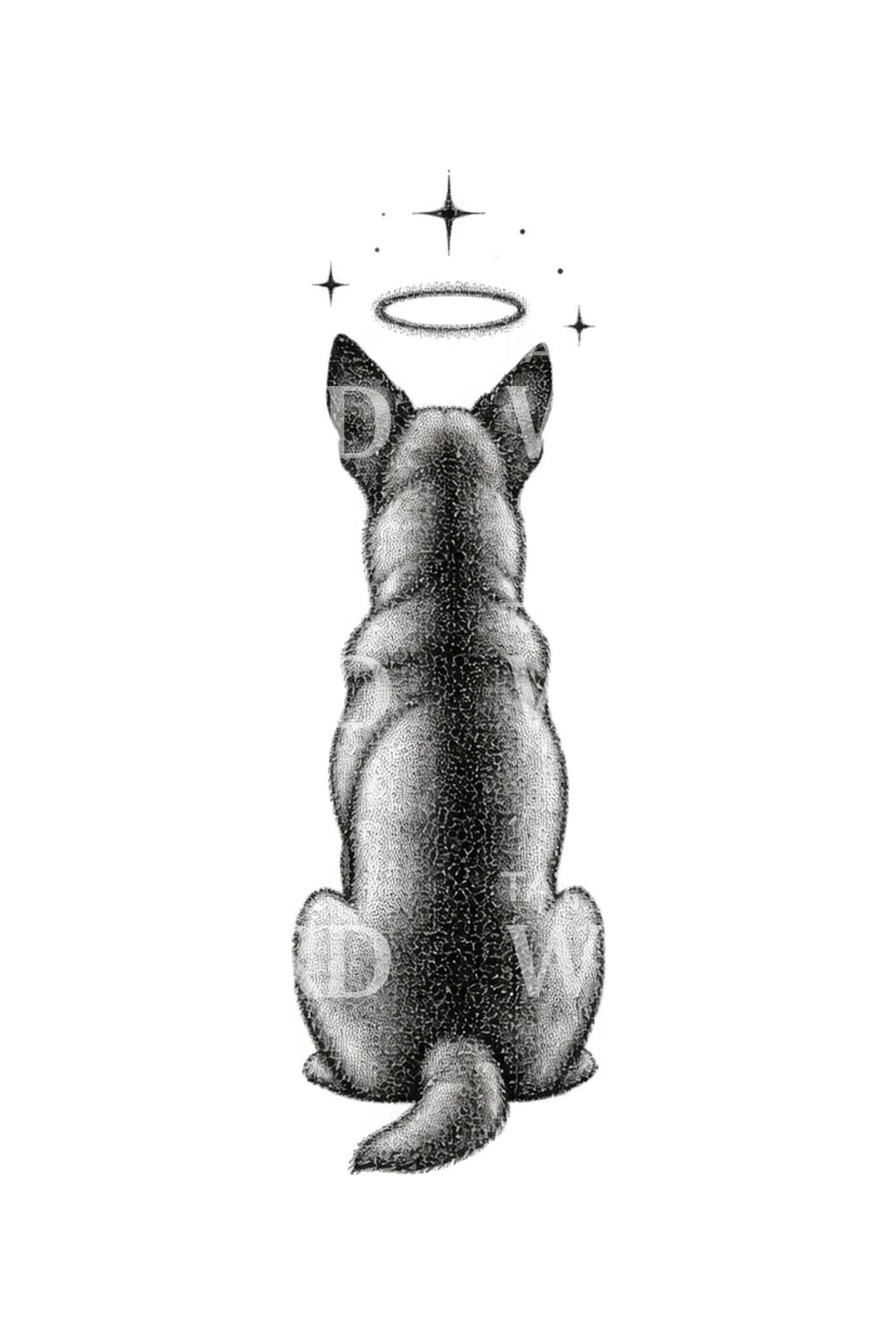 Dotwork-tatoveringsidé med hund, engleglorie og minne