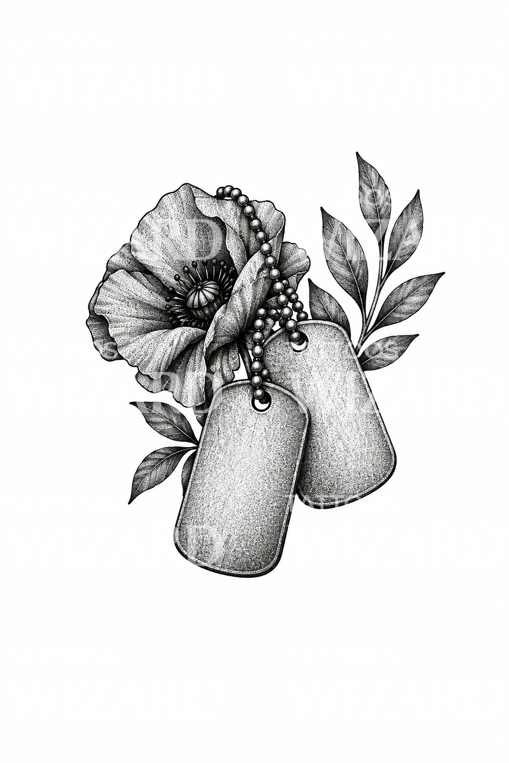 Dog Tags and Poppy Memorial Stipple Tattoo Design