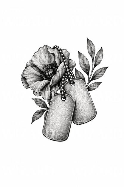 Dog Tags and Poppy Memorial Stipple Tattoo Design