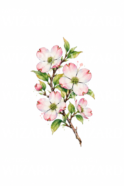 Diseño de tatuaje en acuarela de rama de cornejo en flor