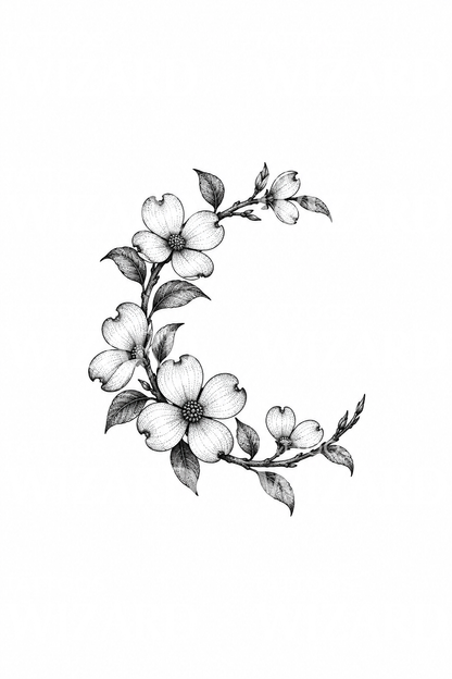 Dotwork-Tattoo einer Mondsichel mit Hartriegelblüte