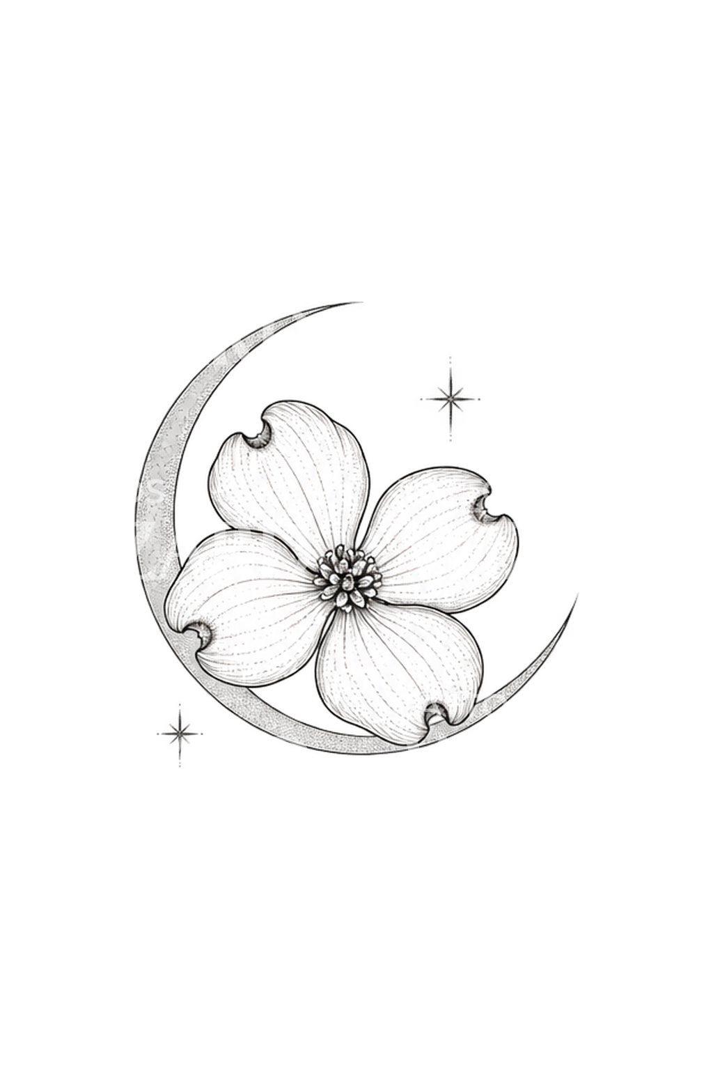 Fineline-tatovering med kornellblomst i halvmåne