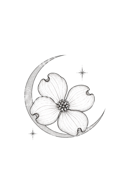 Fineline-tatovering med kornellblomst i halvmåne