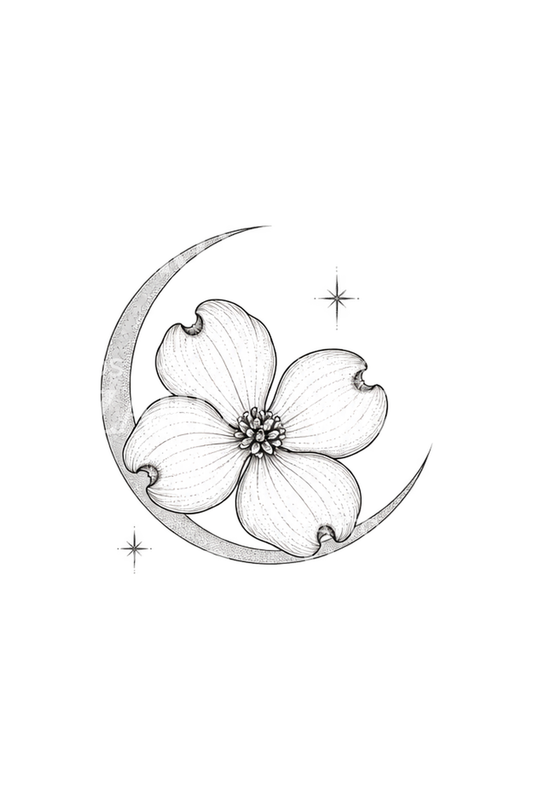 Dogwood Blossom in Crescent Moon Fine Line Tattoo Design