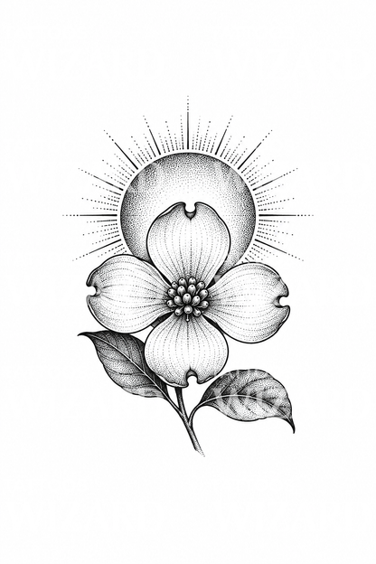 斑点模様の太陽とハナミズキの花のタトゥー