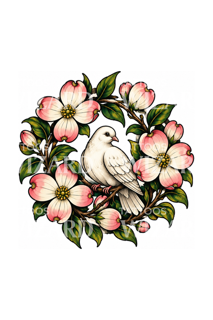 Tatoeage van een krans van kornoeljebloesem met witte duif