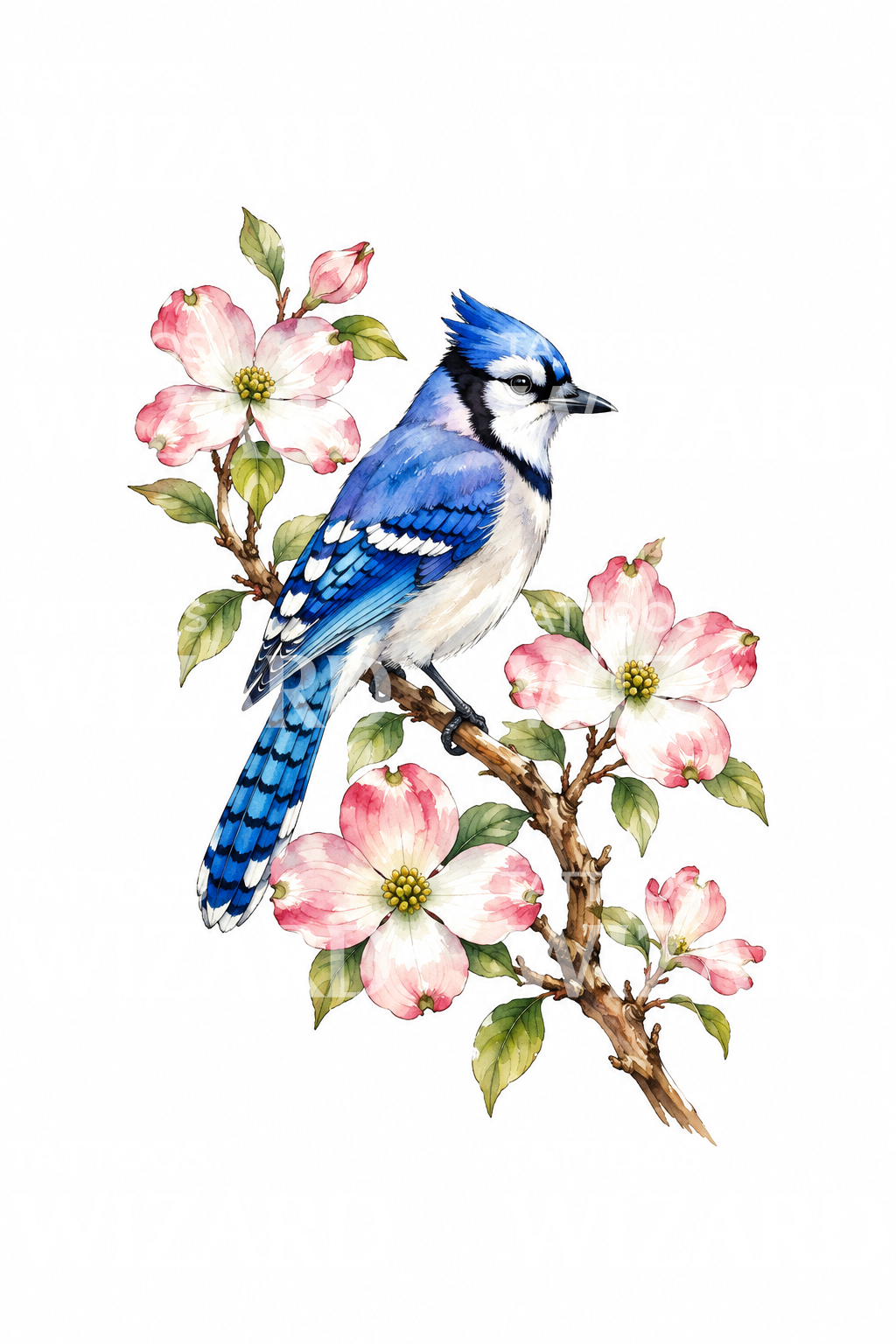 Tatovering med kornelblomster og blåskade i akvarel