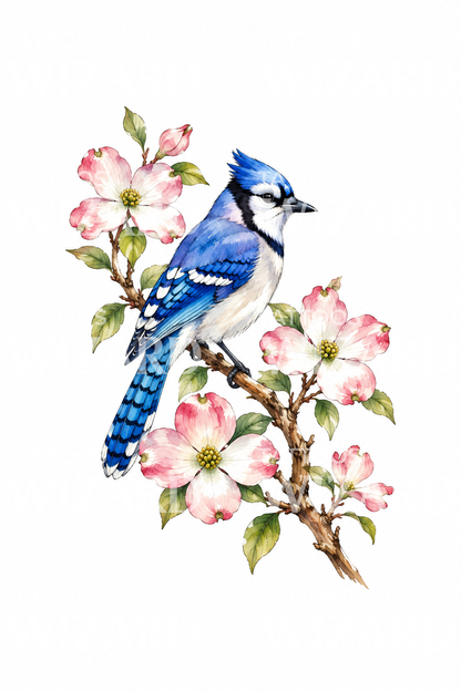 Tatovering med kornelblomster og blåskade i akvarel