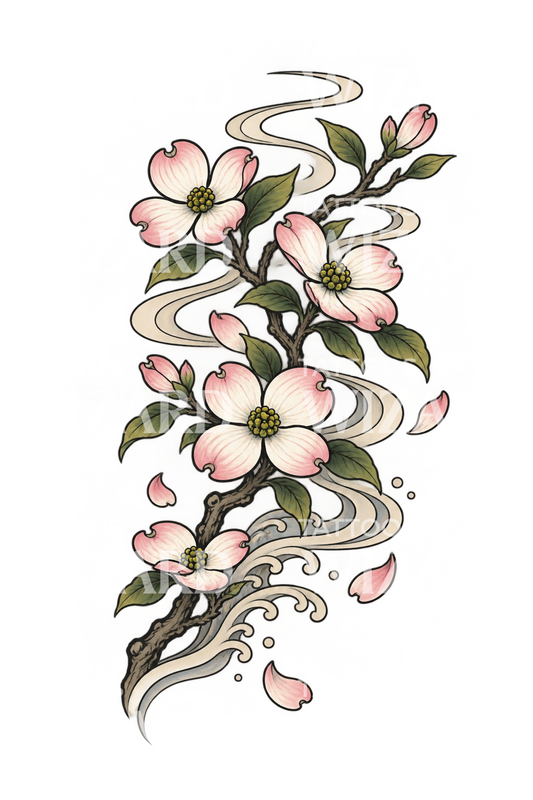 Japanisches Tattoo-Design mit Hartriegelzweig im Frühlingswind