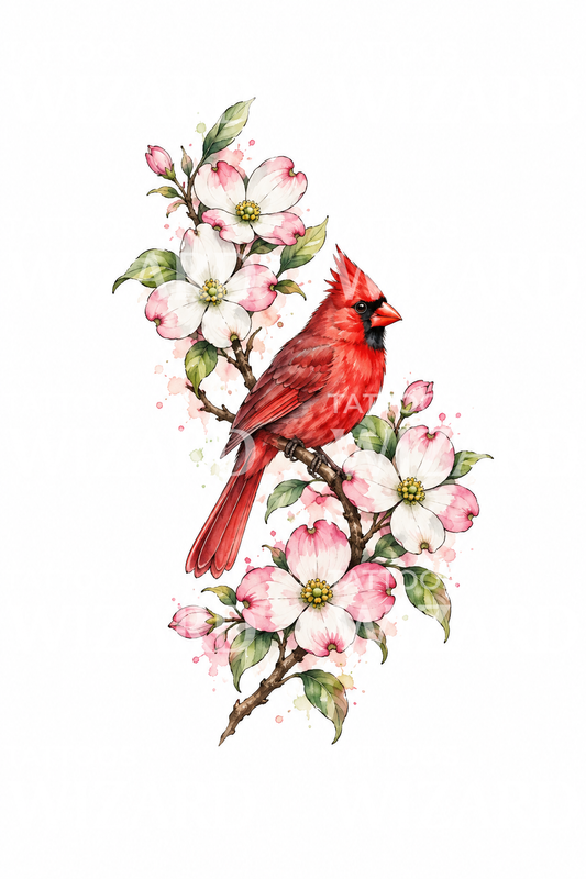 Diseño de tatuaje en acuarela de rama de cornejo con cardenal rojo