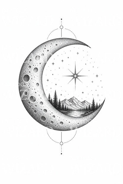 Dotwork Crescent Moon Tattoo Design