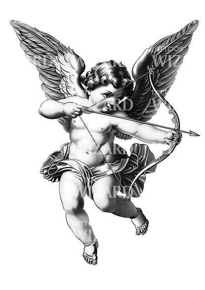 Dotwork Cupid With Bow and Arrow Tattoo Design