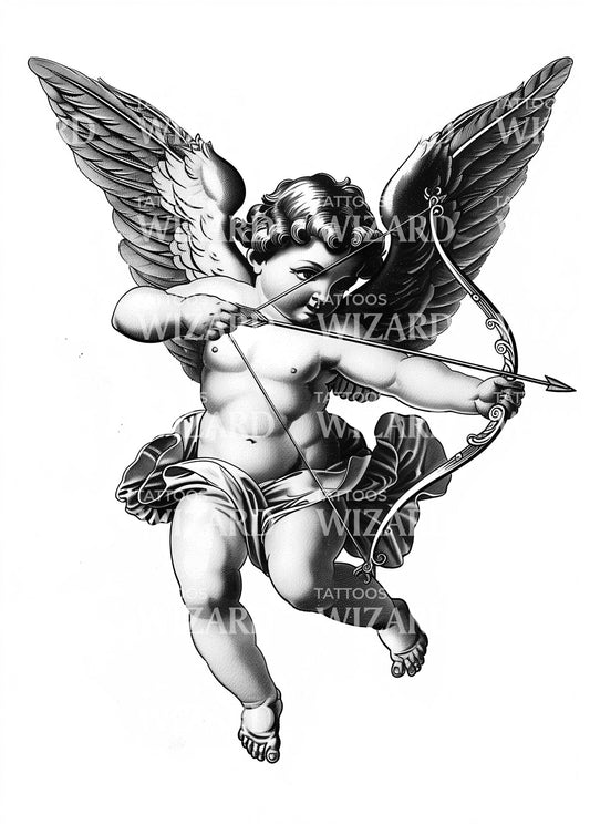 Dotwork Cupid With Bow and Arrow Tattoo Design