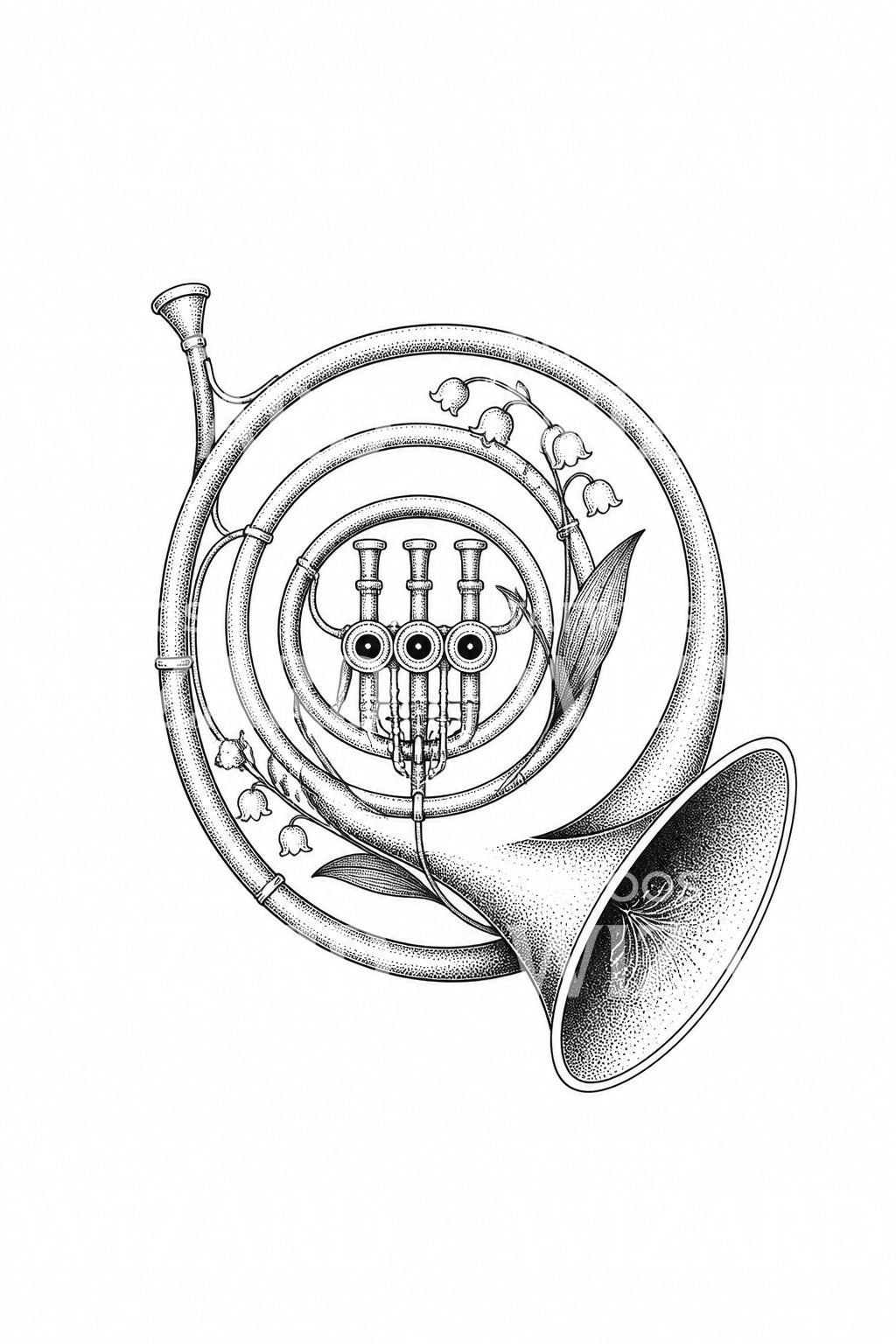 Ilustrasi Tato French Horn Dotwork