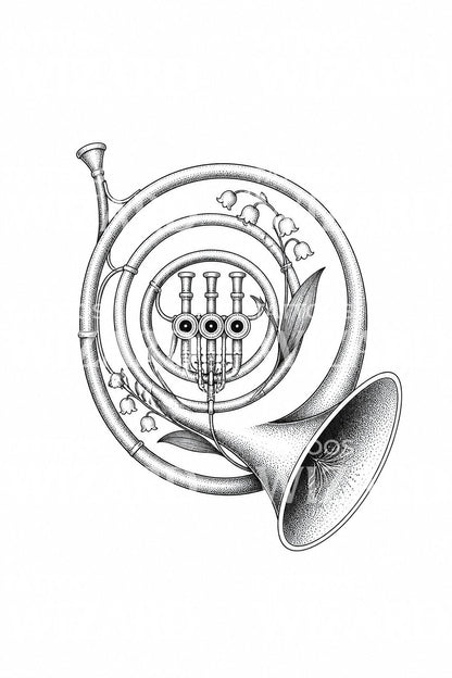 Ilustrasi Tato French Horn Dotwork