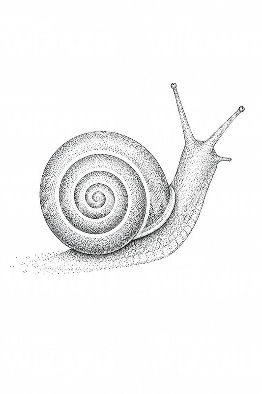 Design de tatuagem de caracol de jardim em espiral, estilo dotwork