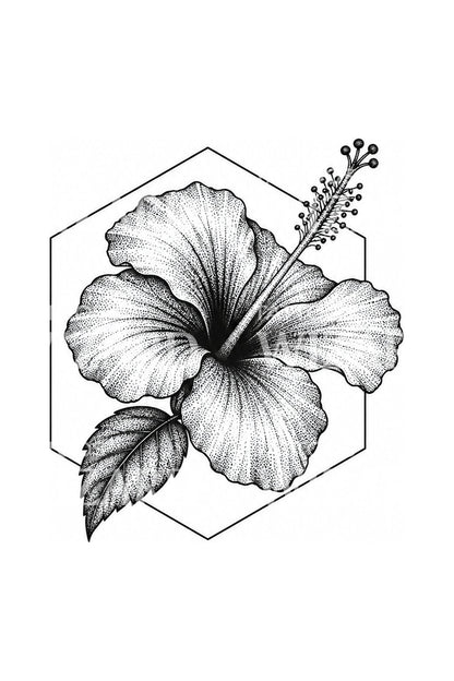 Geometryczny tatuaż hibiskusa w stylu dotwork