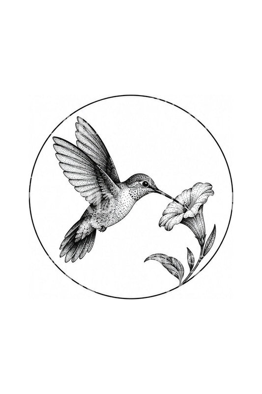 Dotwork Hummingbird Circle Frame Tattoo Design
