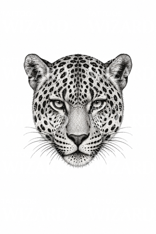 Dotwork Leopard Head with Piercing Eyes Tattoo Illustration