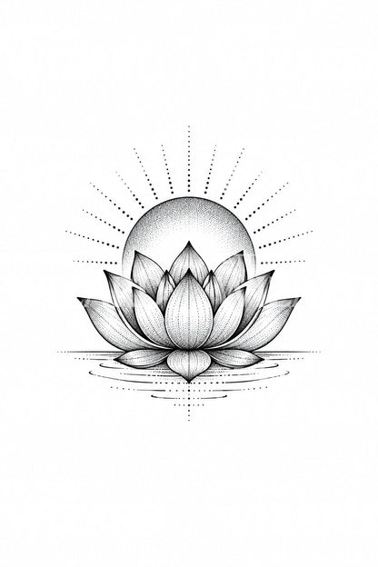 Dotwork Lotus Rising Sun Tattoo Design