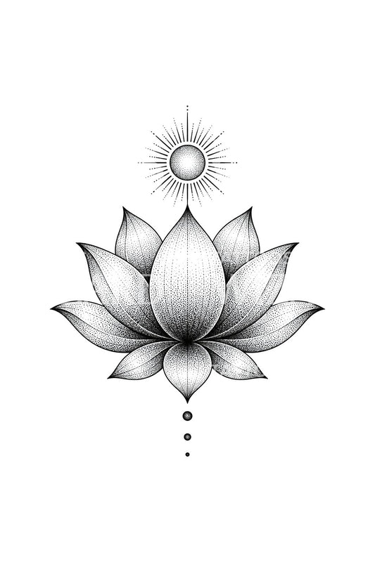 Dotwork-tattoo-ontwerp met lotus en zonneschijf