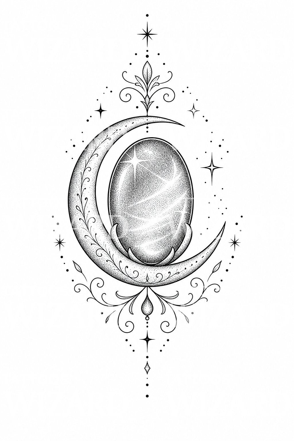 Dotwork Moonstone Crescent Tattoo Design