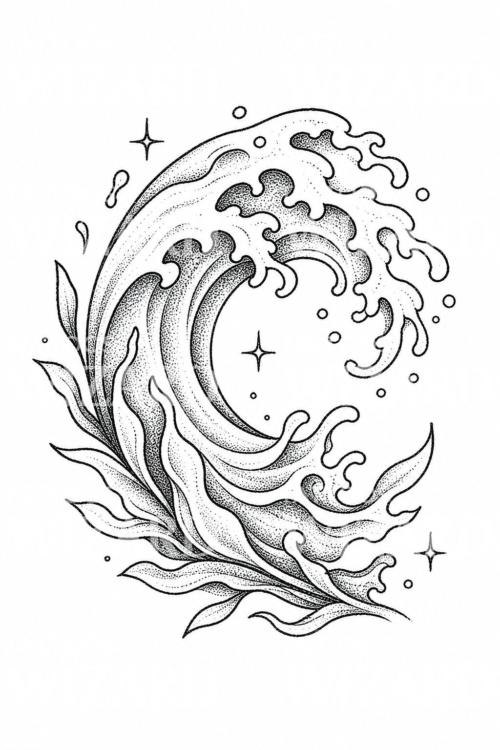 Dotwork Ocean Wave Tattoo Illustration
