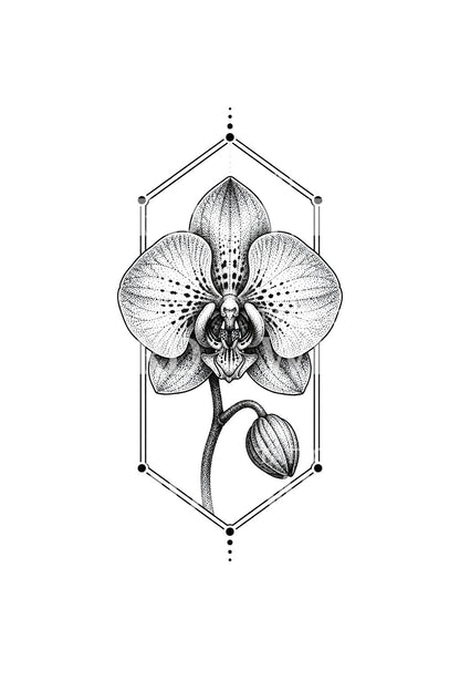Dotwork-orkidea geometrisessa kehyksessä, tatuointidesign