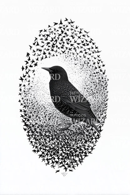 Dotwork Raven Oval Tattoo Design