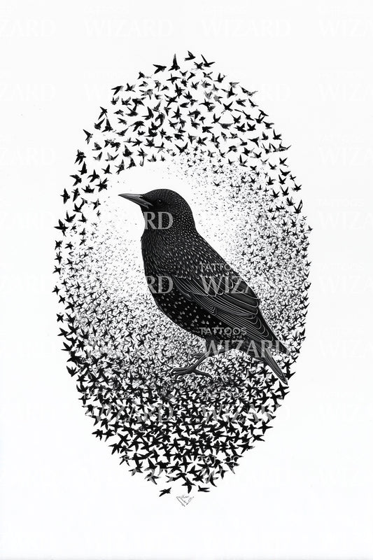Dotwork Raven Oval Tattoo Design