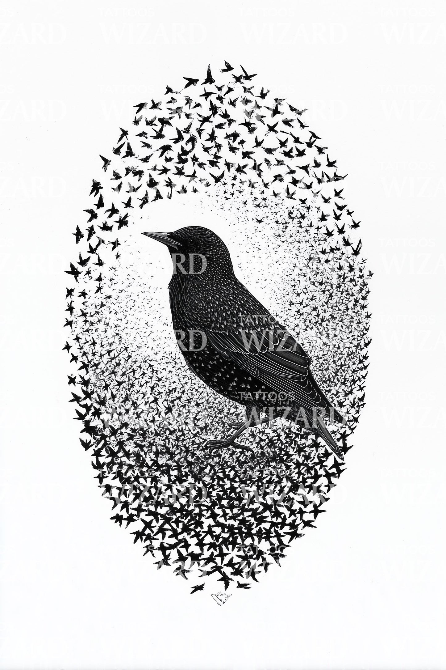 Dotwork Raven Oval Tattoo Design