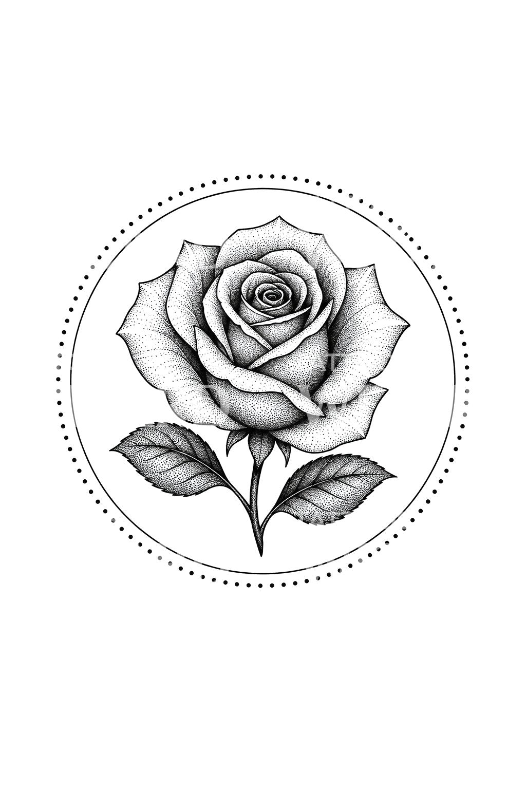 Dotwork-rose i prikket cirkel, tatoveringsidé