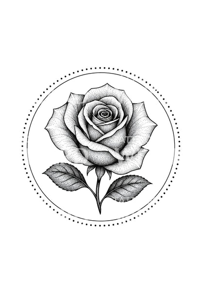 Dotwork-rose i prikket cirkel, tatoveringsidé