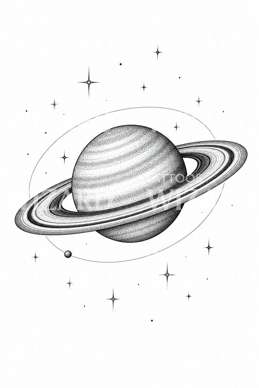 Dotwork Satürn Gezegeni Dövme Tasarımı