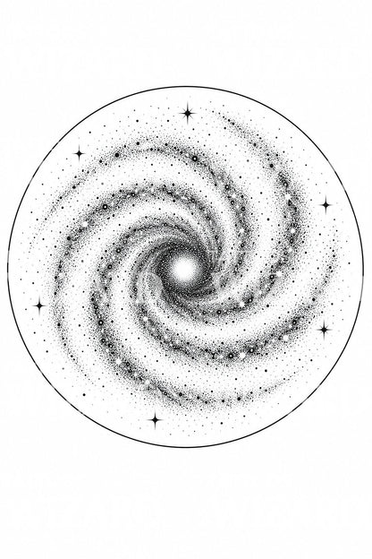 Tetovací návrh spirální galaxie v dotwork stylu