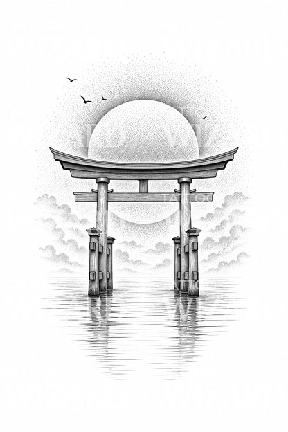 Dotwork Torii Gate Tattoo Design