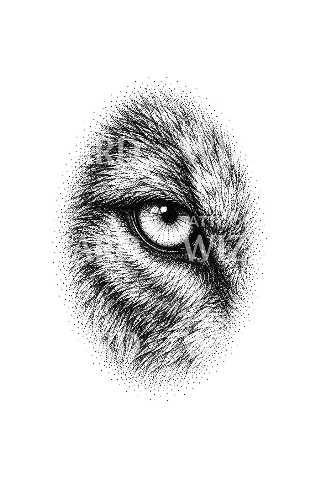 Mirada de lobo en viñeta de pelaje punteado, diseño de tatuaje