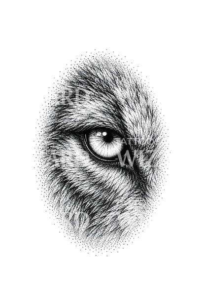 Mirada de lobo en viñeta de pelaje punteado, diseño de tatuaje