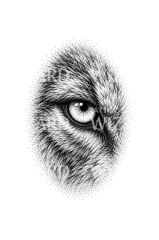 Mirada de lobo en viñeta de pelaje punteado, diseño de tatuaje
