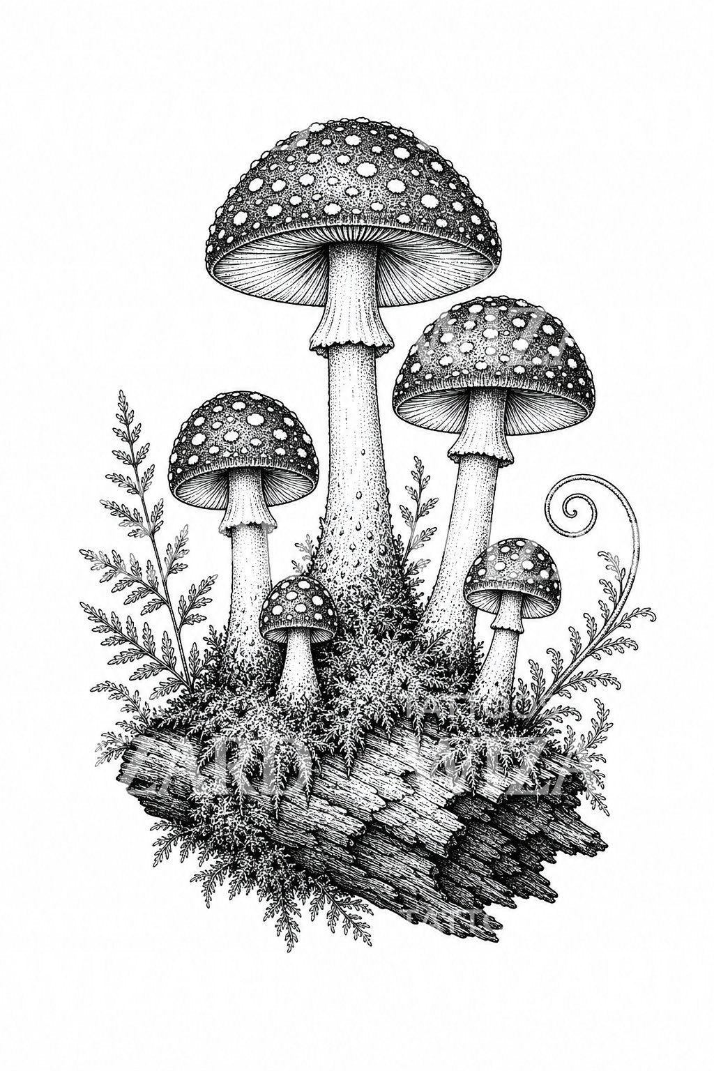 Tetovací návrh lesních hub v dotwork stylu