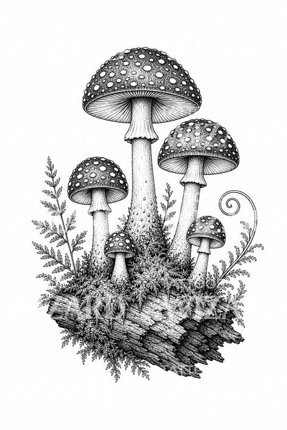Tetovací návrh lesních hub v dotwork stylu