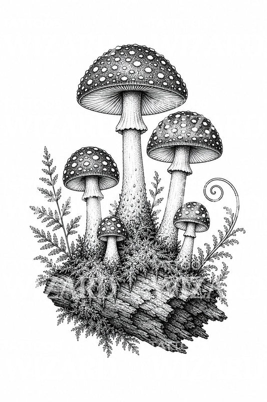 Tetovací návrh lesních hub v dotwork stylu